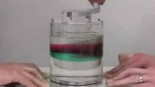 A clear cylindrical container is filled with water, featuring distinct green and purple layers—like a structural engineer’s fluid dynamics experiment. Three hands are visible: one holding a tool at the top and two on each side of the container.