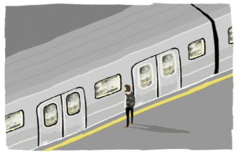 Animated image of a structural engineer standing on a train platform, waving at someone inside a subway train through the window as the train begins to depart.