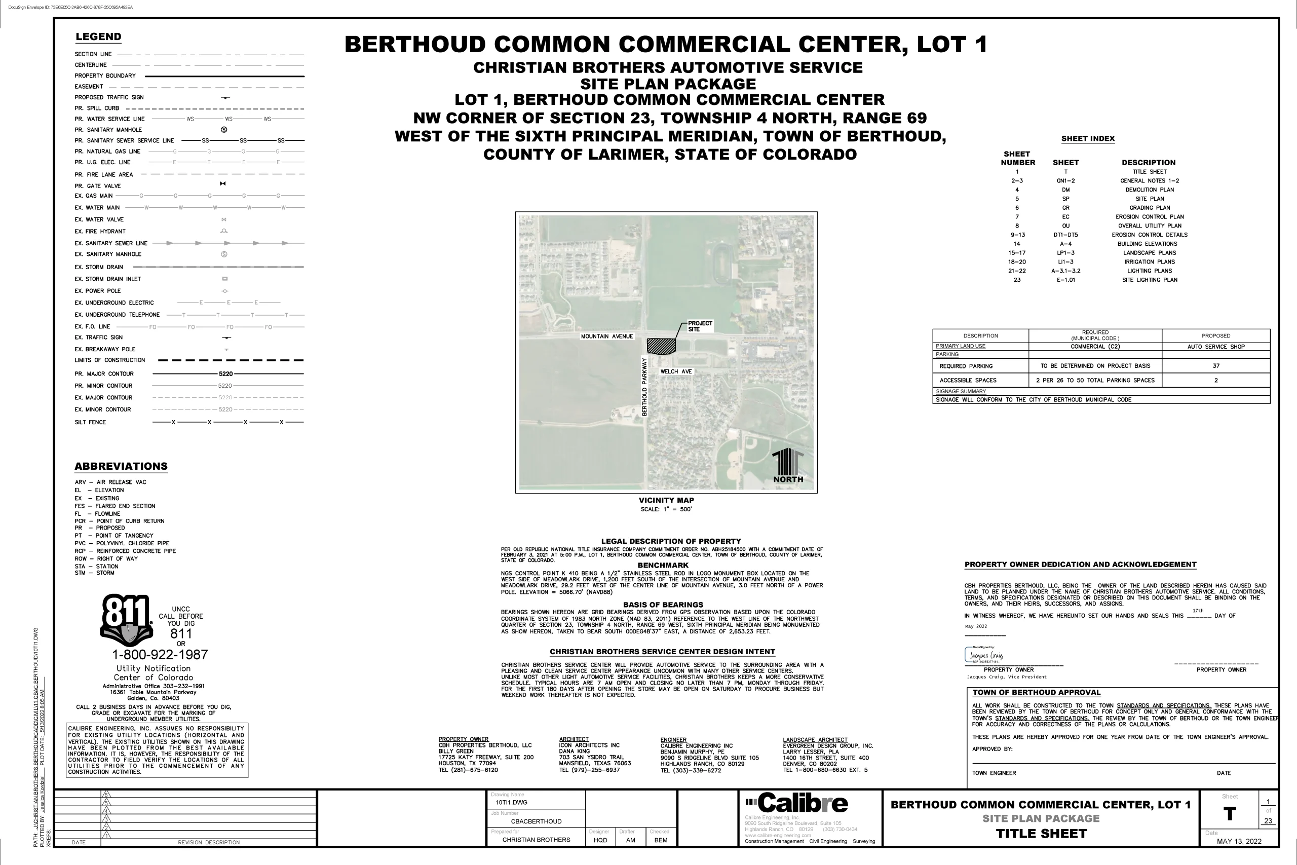 Site plan title sheet for Berthoud Common Commercial Center, Lot 1, in Berthoud, Colorado, highlighting SDVOSB engineering expertise with a location map, legend, abbreviations, notes, and project details in black and white engineering format.