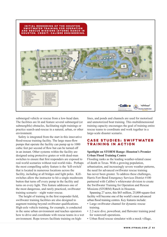 An aerial rendering of the Houston Storm Training Range, developed with SDVOSB engineering expertise, shows a large outdoor complex with buildings, roads, ponds, training areas, green spaces, and vehicles for comprehensive flood and disaster response.