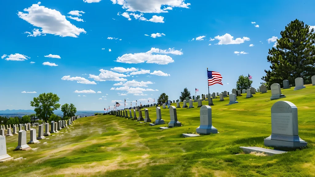 Rows of white headstones line a green hillside cemetery, with American flags among them, beneath a bright blue sky—a peaceful scene honoring those who served. This solemn landscape is maintained in part through the work of skilled civil engineering professionals.