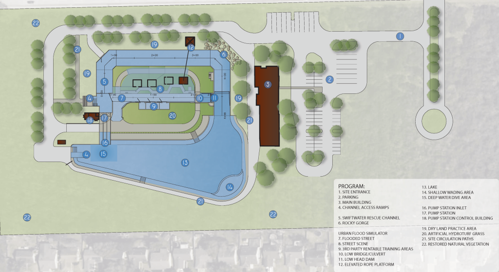 A site plan by a Denver engineer shows a large pool with labeled areas, walkways, parking lot, greenery, and key program points numbered 1 to 22. A legend at the bottom explains each feature.