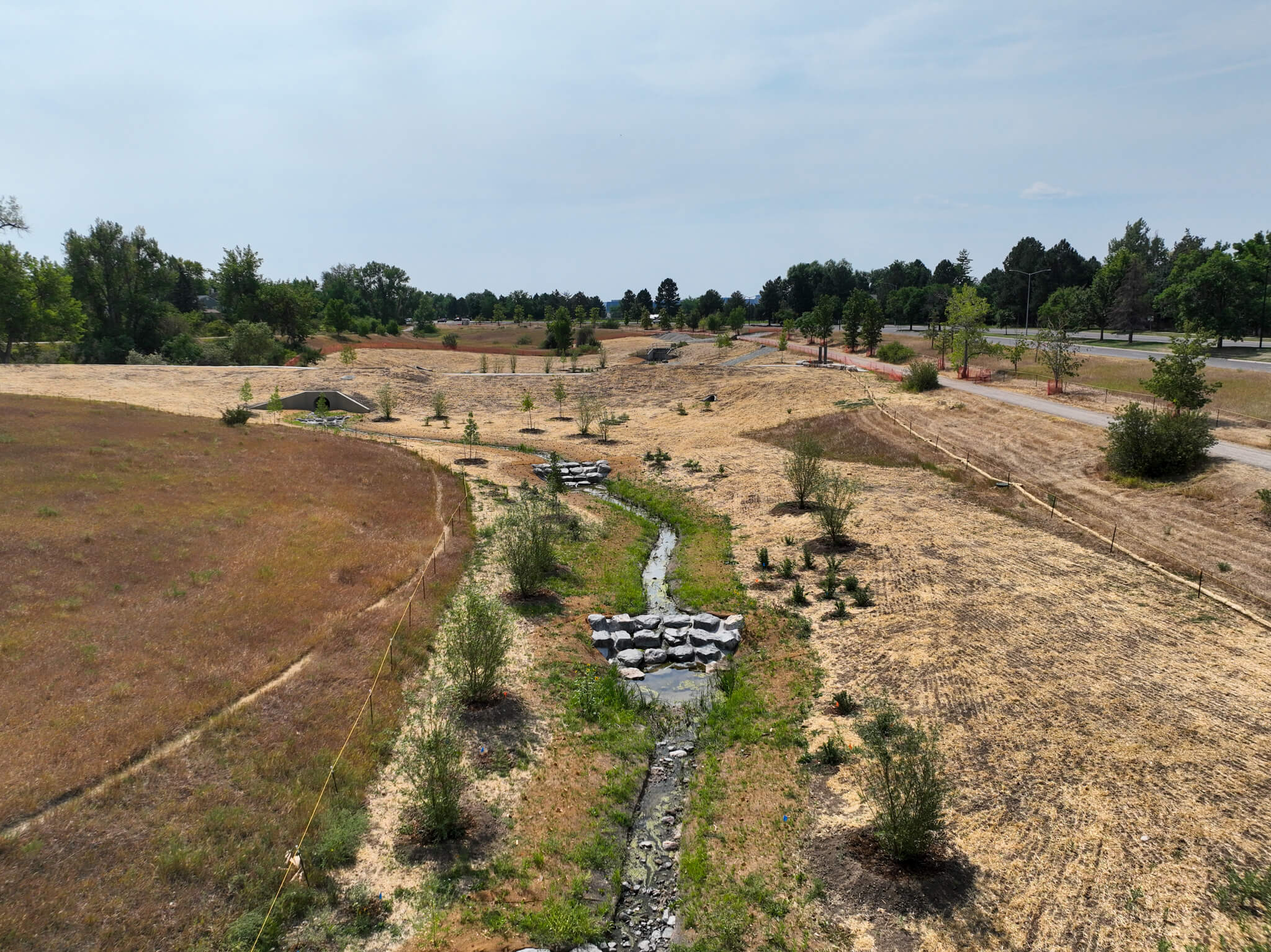 A landscape shows a grassy field with small trees and a narrow stream lined with rocks winding through it, under a partly cloudy sky, surrounded by larger trees in the distance.