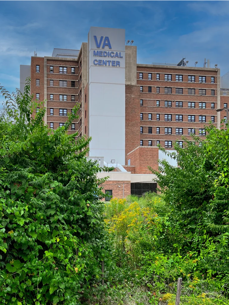 A large brick VA Medical Center building, designed with input from a skilled Denver engineer, stands behind dense green bushes and trees under a partly cloudy blue sky.