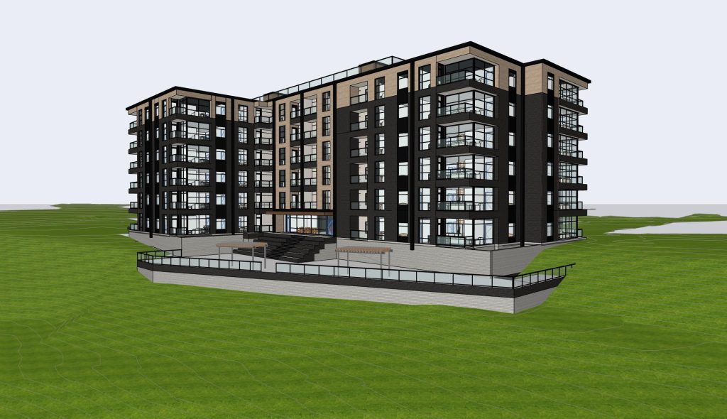 3D rendering of a modern, multi-story apartment building with dark and light exterior panels, large windows, and balconies—showcasing the expertise of a Denver engineer—set on a green landscape with a partially exposed lower level.