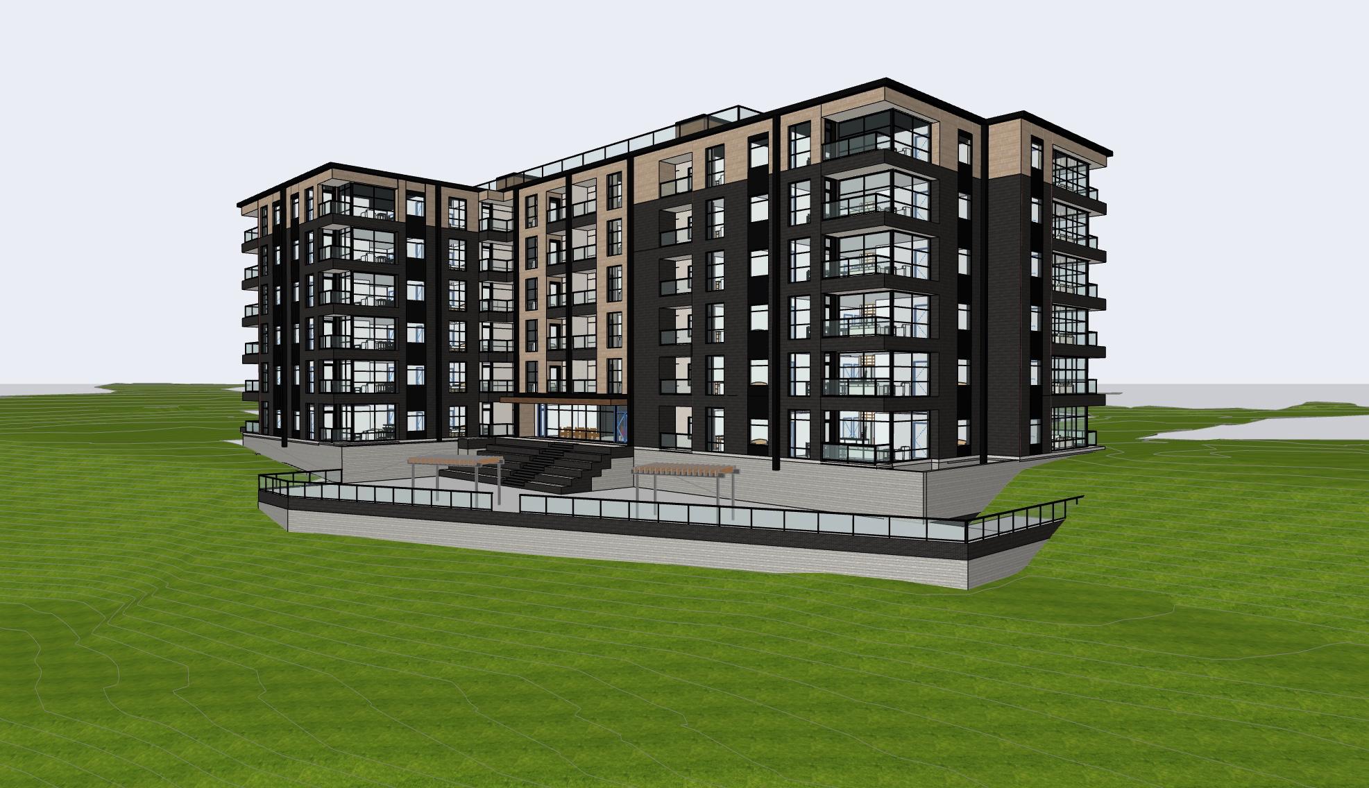 3D rendering of a modern, multi-story apartment building with dark and light exterior panels, large windows, and balconies—showcasing the expertise of a Denver engineer—set on a green landscape with a partially exposed lower level.