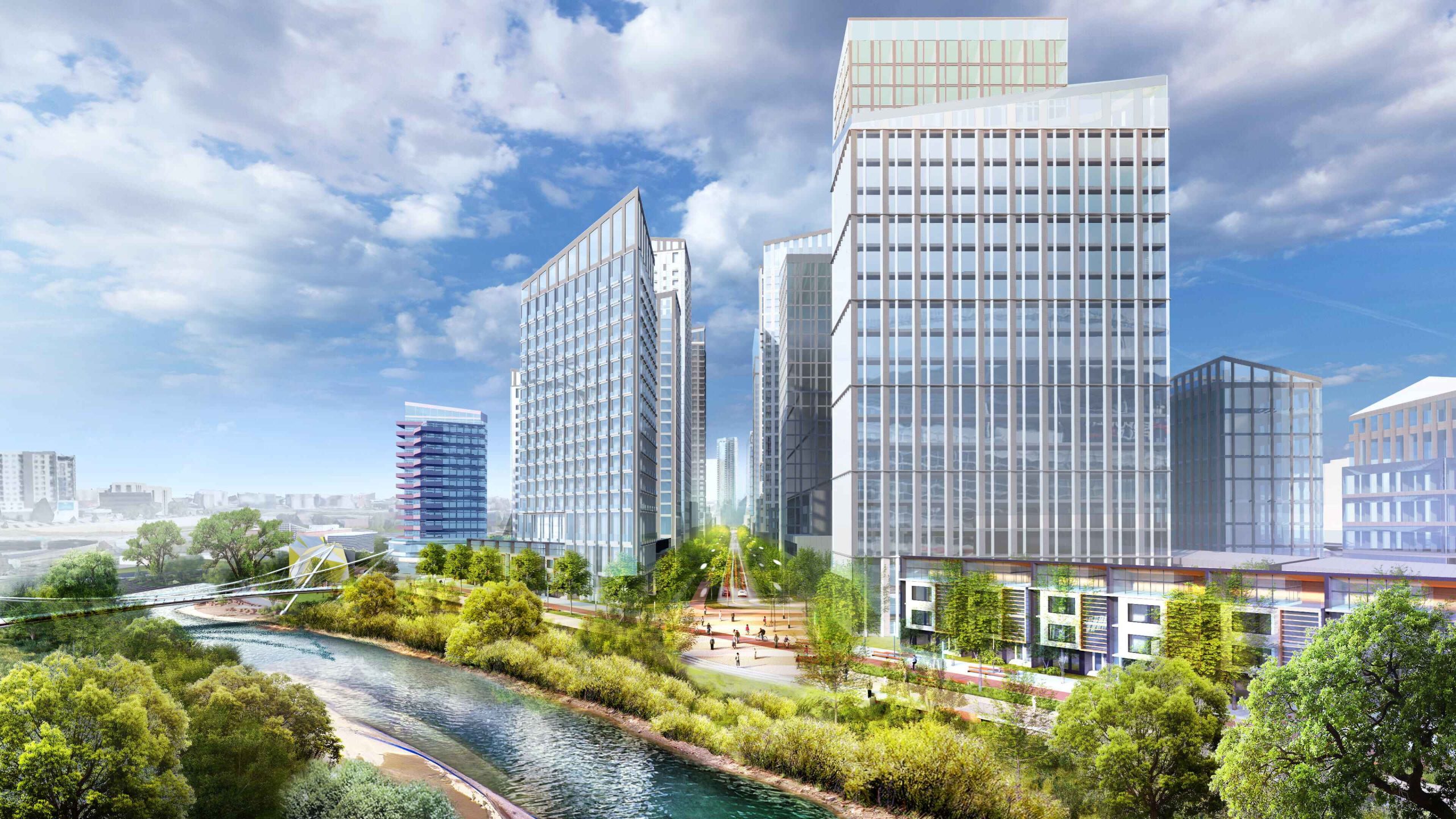 A modern cityscape with tall glass office buildings showcases the expertise of civil engineering, with a river in the foreground, lush green trees along the banks, and people walking in an open plaza under a partly cloudy sky.