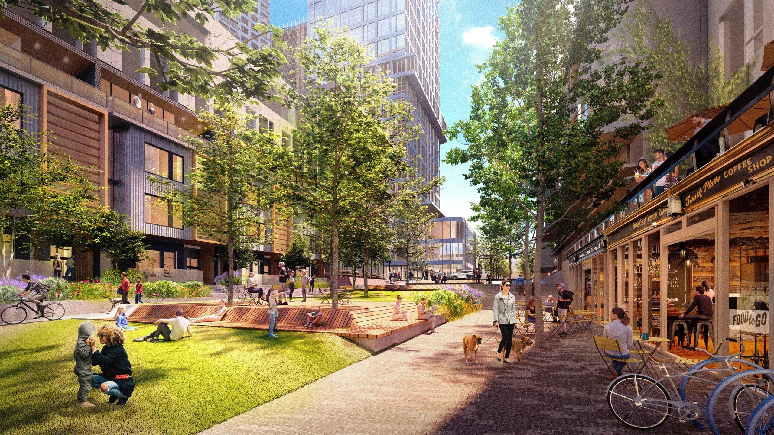 A vibrant urban park scene with people relaxing on benches and grass, walking dogs, and cycling. Trees line the area, and a modern coffee shop with outdoor seating—designed by a Colorado engineering firm—faces the green space amid tall buildings.