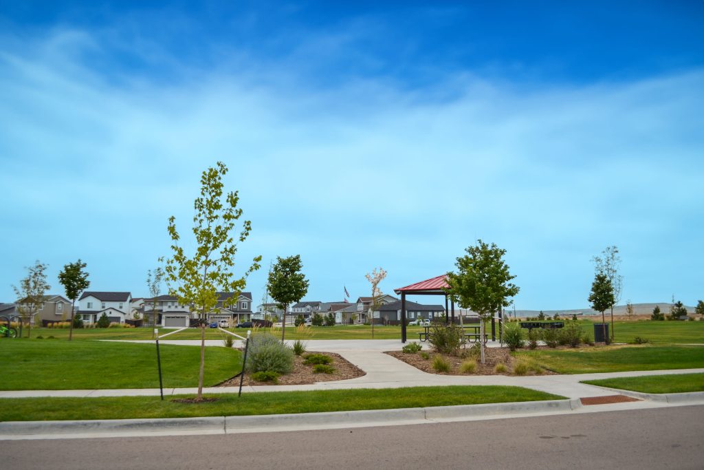A suburban park with green grass, young trees, a small pavilion, and a paved walkway—crafted with civil engineering expertise—sits surrounded by houses under a clear blue sky.