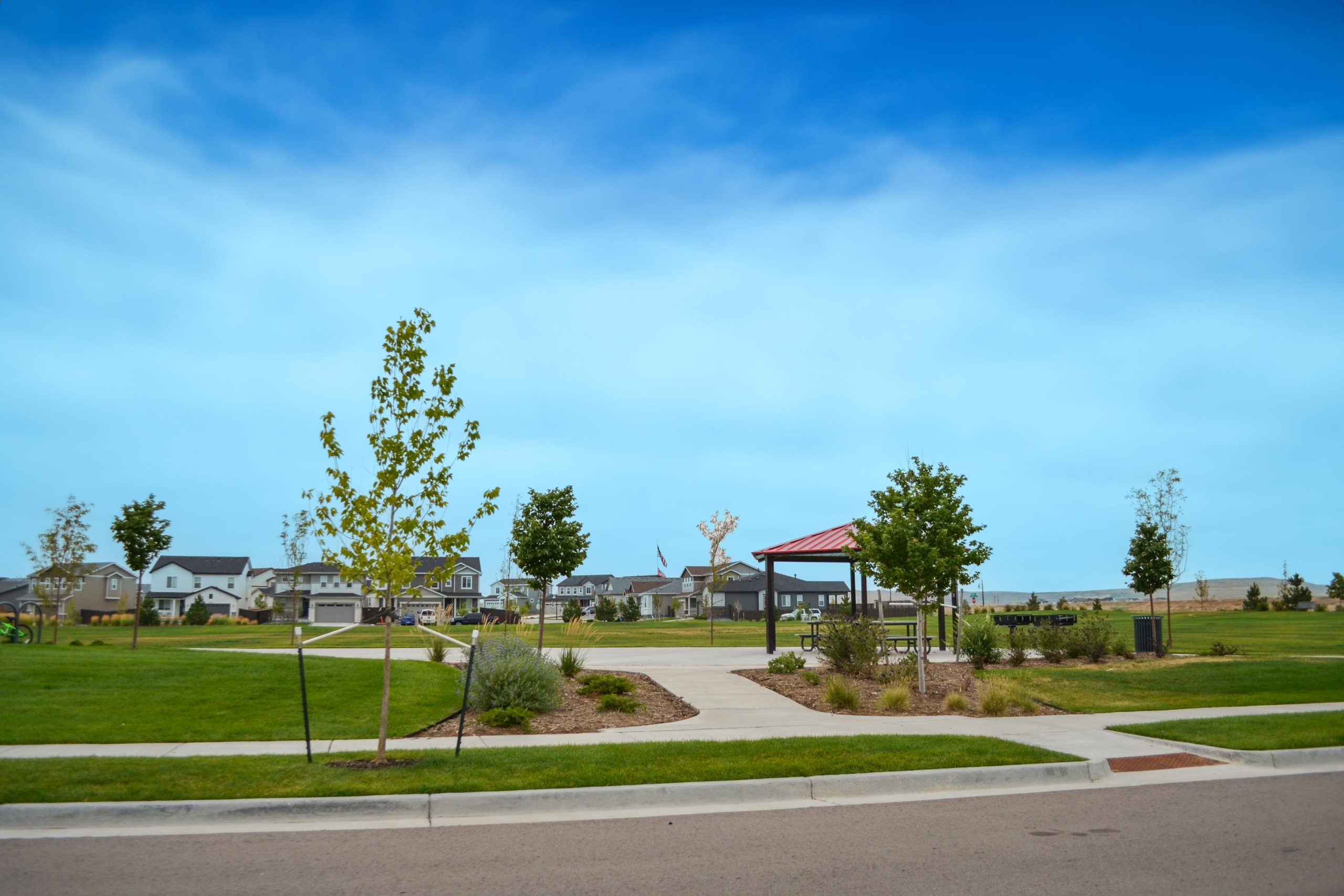 A suburban park with green grass, young trees, a small pavilion, and a paved walkway—crafted with civil engineering expertise—sits surrounded by houses under a clear blue sky.