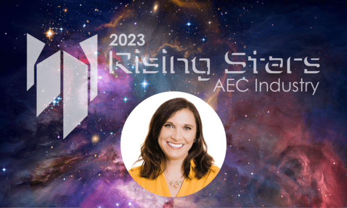 A smiling woman in a yellow top is shown in a circular frame over a colorful space background, with text reading 2023 Rising Stars AEC Industry and a geometric logo on the left, celebrating an inspiring Denver engineer.