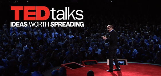 A speaker stands on a red circular stage addressing a large seated audience, with the text TEDtalks IDEAS WORTH SPREADING displayed in the top left corner—highlighting innovations in civil engineering.