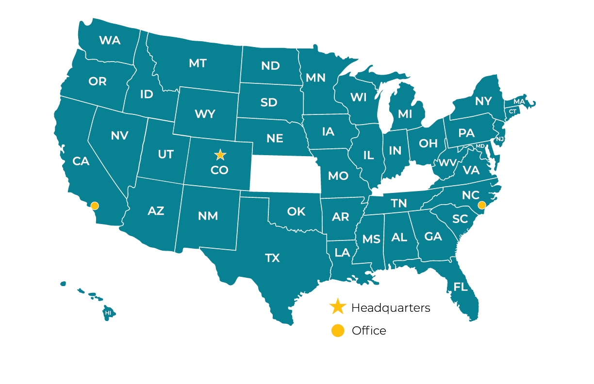 A map of the United States highlighting all states. It marks company headquarters in Colorado (star icon) and offices in California, North Carolina, and Georgia (dot icons). Hawaii and Alaska are also shown.