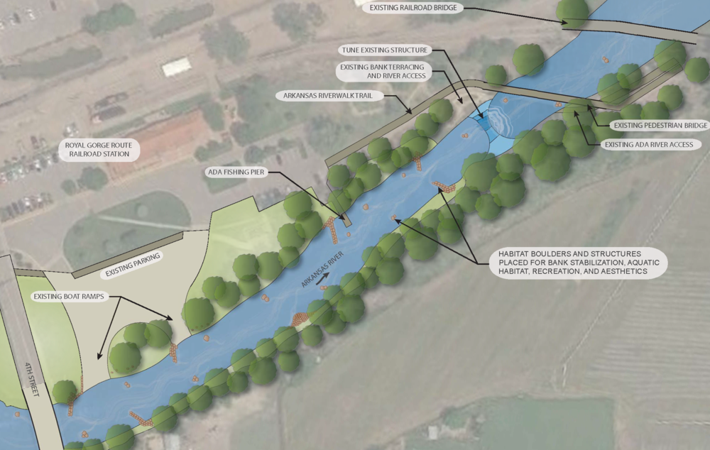 A labeled map, designed with colorado engineering precision, shows a river bordered by trees, featuring an ADA fishing pier, boat ramps, parking, bridge access points, habitat boulders, terracing, and a riverwalk trail.