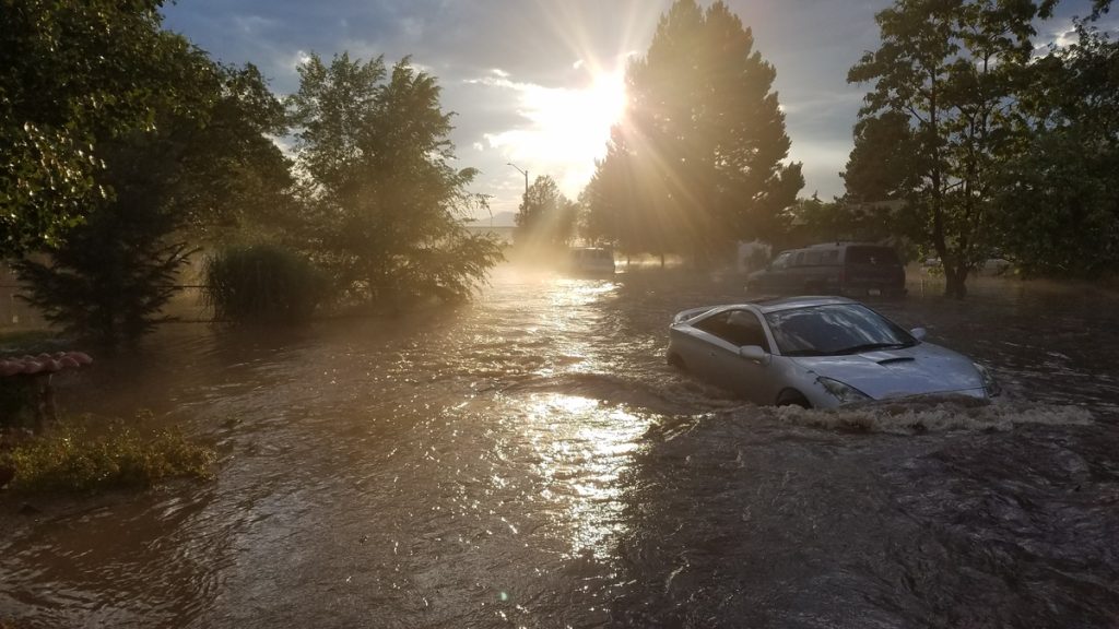 A flooded street with partially submerged cars and muddy water swirling around them showcases the importance of civil engineering, as sunlight breaks through the clouds and trees line both sides.