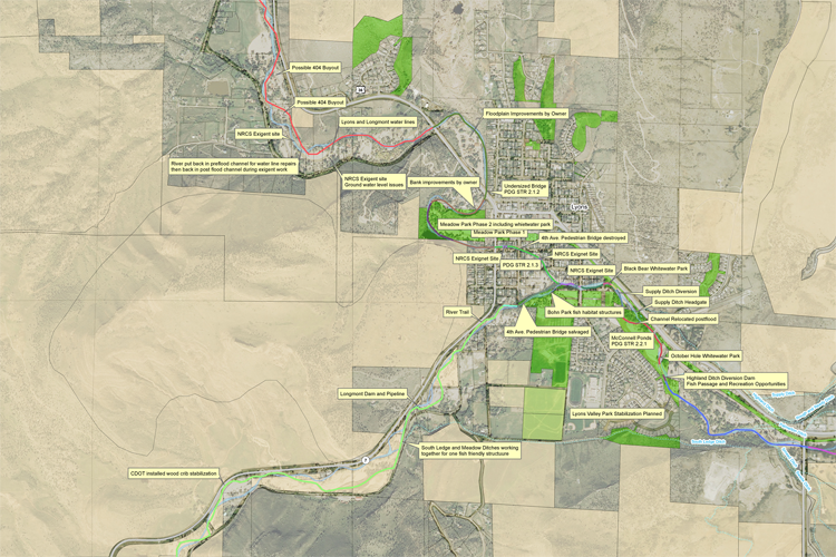 A detailed map displays the town of Moab, Utah, highlighting main roads, parks, bike paths, and recreation areas with green and tan shading. Labels identify locations and trails—ideal for whitewater engineer planning or Colorado engineering projects.