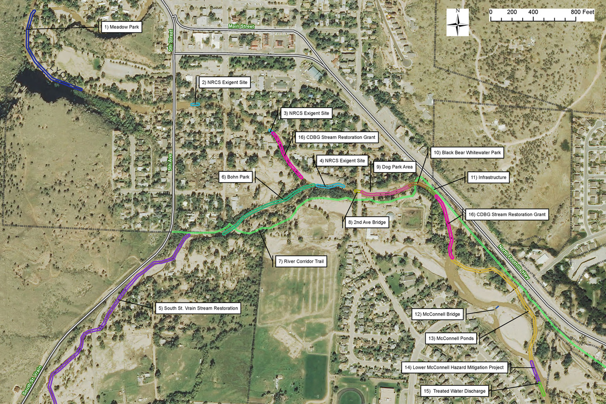 A labeled aerial map, created by a Denver engineer, shows a park and river with marked trails, bridges, stream restoration areas, and parks. Roads, trees, and residential zones surround the river corridor and key infrastructure points.