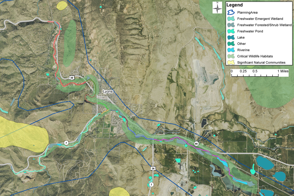 Map of Lyons, Colorado area showing wetlands, lakes, rivers, ponds, and habitats in various colors. Designed by a whitewater engineer, the map also highlights main roads, terrain, and significant natural communities with a detailed legend.