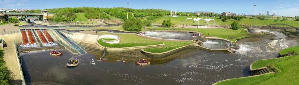 A panoramic view of a whitewater rafting course engineered by civil engineering experts, with several groups rafting on artificial rapids, surrounded by green grassy areas, walkways, and nearby park facilities under a clear sky.