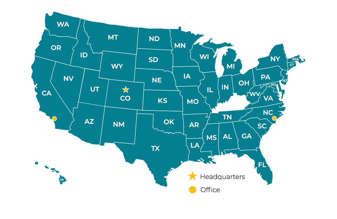 Map of the United States showing a star in Colorado labeled Headquarters and yellow dots in California and North Carolina labeled Office. Each state is outlined and labeled with its abbreviation.