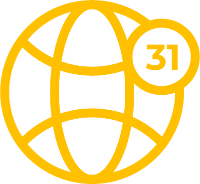 Yellow globe icon with a circular badge displaying the number 31 in the upper right corner, representing civil engineering, set against a light gray background.