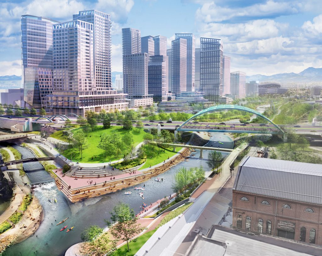 A vibrant cityscape with tall modern buildings designed by Colorado engineering experts, a green park with walking paths, people kayaking in a river, arched bridges, and mountains in the background under a partly cloudy sky.