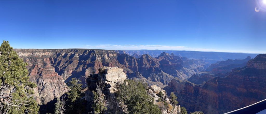 Wide panoramic view of the Grand Canyon under a clear blue sky, with steep, layered cliffs and scattered green trees—a scene inspiring any whitewater engineer to appreciate nature’s power and beauty.