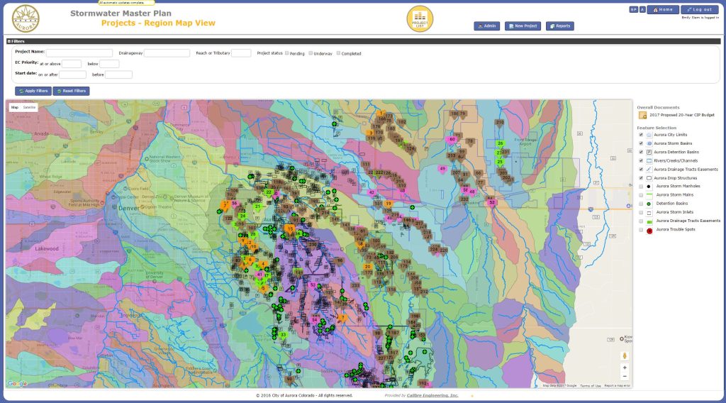 A colorful map displays various stormwater projects with icons and a legend on the right, showing different project statuses across a region. The top navigation bar and filter options help denver engineers easily explore the map above.