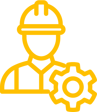Yellow line drawing of a person wearing a hard hat and safety vest, standing beside a large gear, symbolizing civil engineering, construction, or technical work.