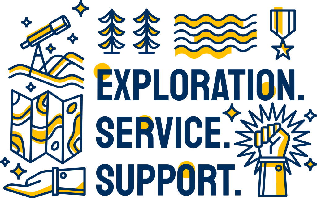 Illustration featuring a telescope, trees, waves, medal, hand holding a compass, and raised fist—symbolizing the spirit of a Denver engineer—alongside bold blue and yellow text reading Exploration. Service. Support.