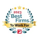 A laurel wreath with three gold stars and text: 2023 Best Firms To Work For on a gold ribbon, plus a red square logo at the bottom, honors top civil engineering or Colorado engineering firms with this employee award or SDVOSB engineering recognition.