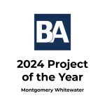 A navy blue square with white letters BA above text that reads 2024 Project of the Year and Montgomery Whitewater, highlighting excellence in civil engineering, on a white background.
