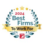 A laurel wreath logo with gold stars, text reading 2024 Best Firms To Work For, and a gold ribbon across the center—perfect for celebrating top structural engineer teams. A red square logo appears at the bottom.