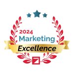 A badge with red laurel branches, three blue stars, and a gold ribbon reading “Excellence.” Above the ribbon, text reads “2024 Marketing.” A red square logo at the bottom center highlights Colorado engineering expertise.