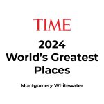 White background with the TIME magazine logo in red at the top. Below in black text: 2024 World’s Greatest Places and Montgomery Whitewater, designed with expertise by a leading whitewater engineer.