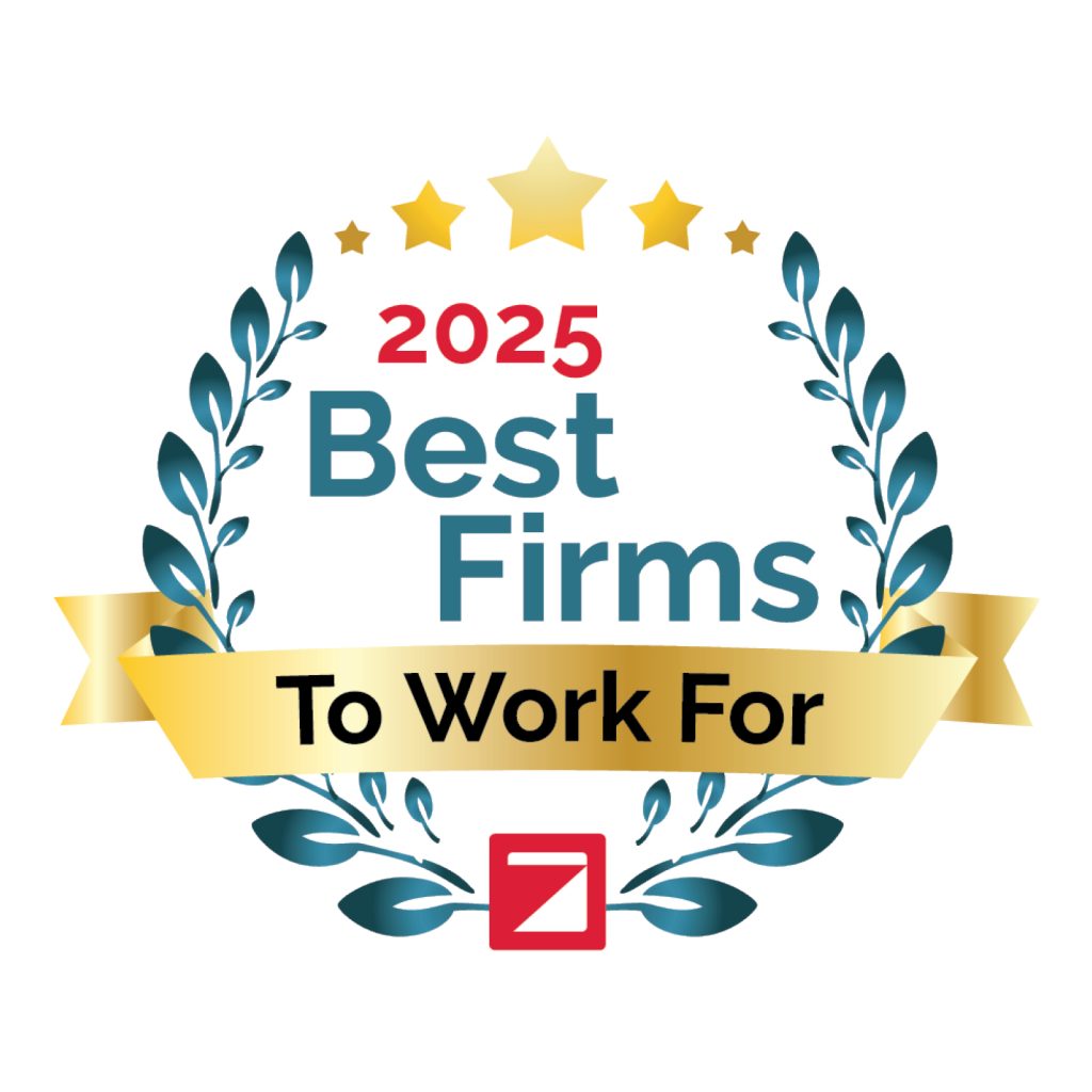 A laurel wreath and gold stars surround the text 2025 Best Firms to Work For, highlighting top civil engineering workplaces, with a gold ribbon banner and a red square logo at the bottom.