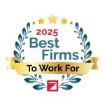 A laurel wreath and gold stars surround the text 2025 Best Firms to Work For, highlighting top civil engineering workplaces, with a gold ribbon banner and a red square logo at the bottom.