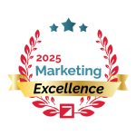 A gold ribbon with Excellence and red laurel branches encircle blue text reading 2025 Marketing under three blue stars, celebrating Colorado engineering. A red square symbol appears below the ribbon.