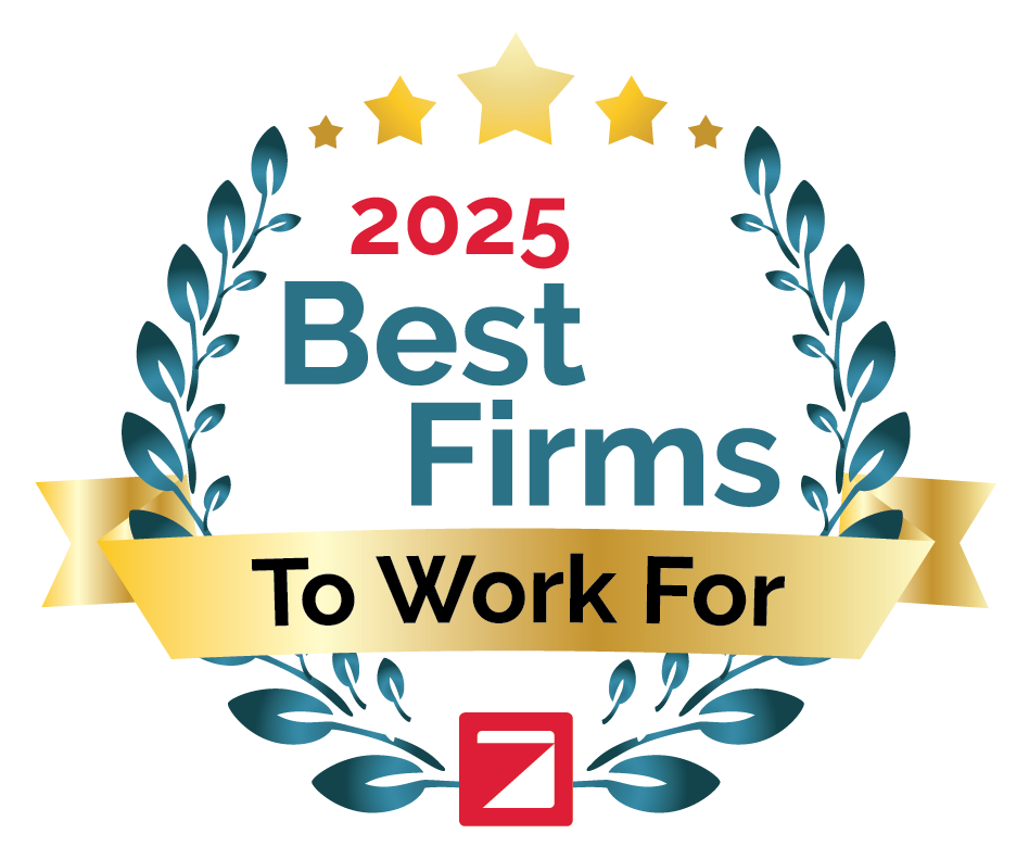 A badge with golden leaves, five stars, and a gold ribbon reading 2025 Best Firms To Work For in bold text, highlighting top SDVOSB engineering excellence, with a red square logo at the bottom.