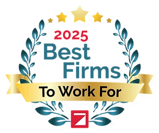 A badge with gold stars and laurel leaves reads 2023 Best Firms To Work For, celebrating excellence in civil engineering, with a gold ribbon and a red-and-white logo at the bottom.