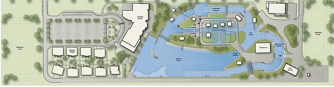 A site plan illustration by Colorado engineering experts, showing a large building, parking lot, several small structures, ponds, walkways, landscaped areas, driveways, and green spaces within a rectangular boundary.