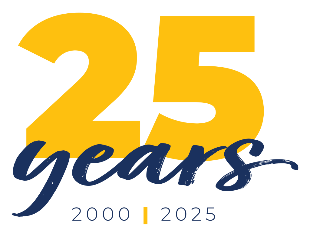 Large yellow number 25 with years in blue script across it, and 2000 | 2025 below—celebrating a 25-year anniversary of colorado engineering and civil engineering excellence.