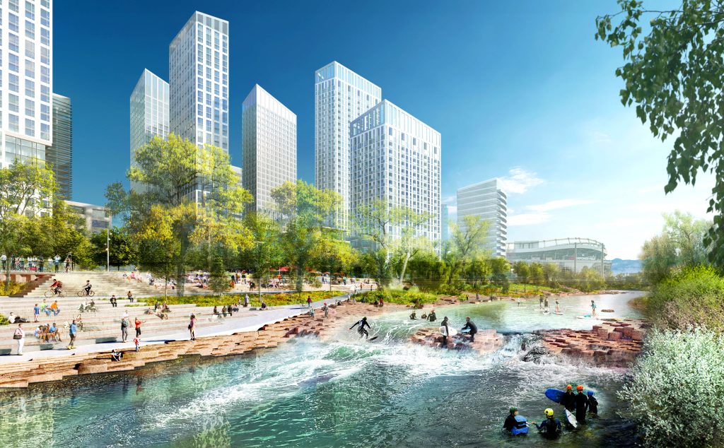 A vibrant urban scene with tall modern buildings, a riverside park with trees, people walking along pathways, and kayakers navigating a river with rocks and gentle rapids under a clear blue sky.