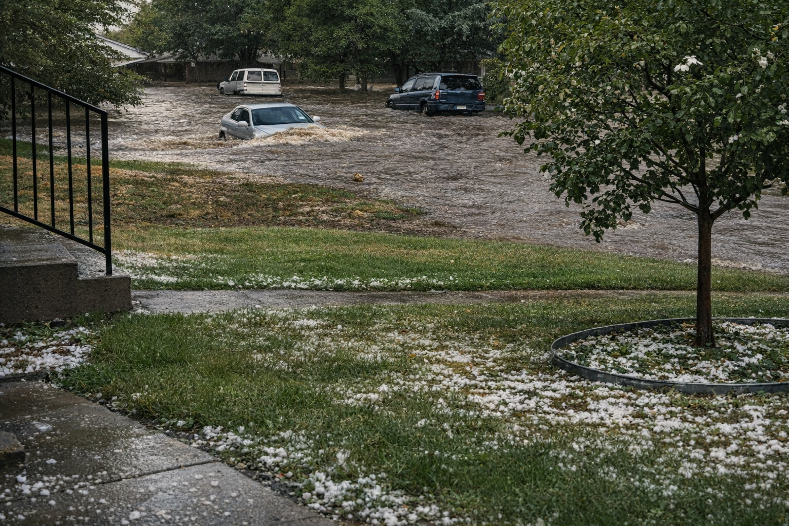 Cars are partially submerged in a flooded street after heavy rain, with water covering the road and scattered hailstones on the grass and sidewalk in the foreground. Trees and houses are visible in the background.