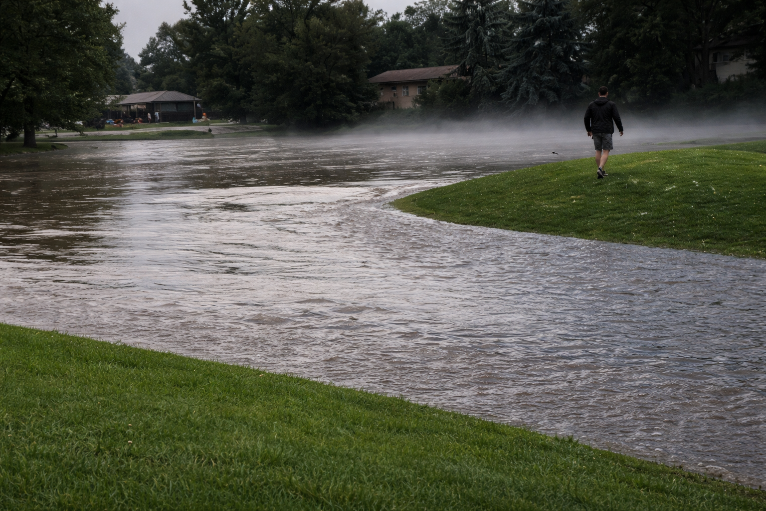 A person walks on a grassy bank beside a swollen, misty river in a park, with trees and houses in the background under a cloudy sky.