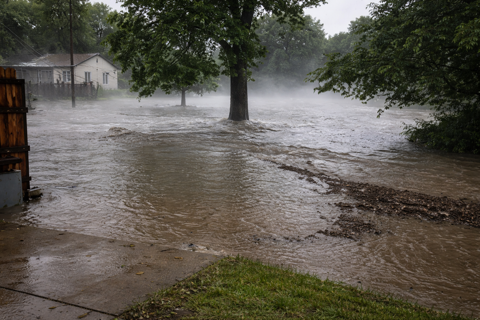 Floodwaters cover a residential yard and street, nearly reaching a white house in the background. Trees stand in the deep, fast-moving water, and mist rises, suggesting ongoing heavy rainfall.