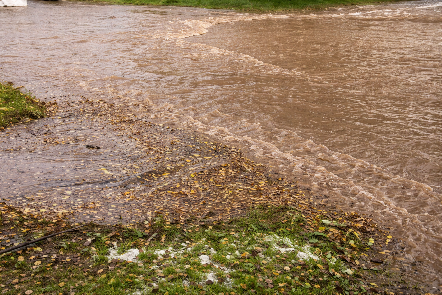 Muddy floodwater flows across grassy ground, carrying debris and fallen leaves. The water creates ripples and waves as it moves, with some patches of grass partially submerged.