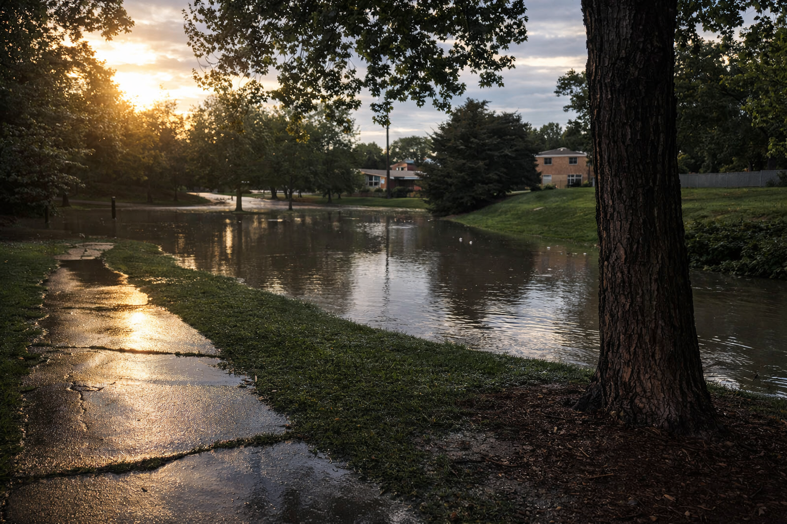 A flooded park path with water covering the walkway, trees along the edge, and houses visible in the background at sunset. The wet pavement reflects the golden light from the sky.