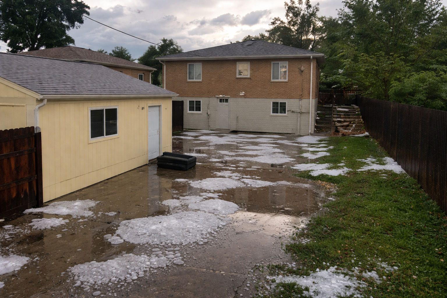 A backyard and driveway covered with patches of melting hail, puddles, and wet surfaces. A yellow garage sits on the left, a brown house in the background, and there’s a black fence along the right side.