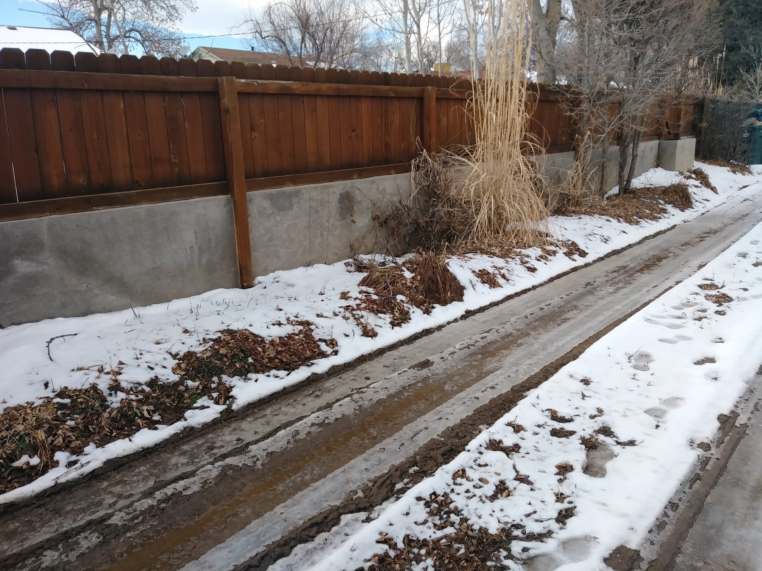A narrow, muddy alleyway with patches of snow and tire tracks runs alongside a wooden fence. Dry plants and bare trees line the edge, with scattered leaves and footprints visible in the snow.